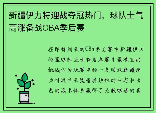 新疆伊力特迎战夺冠热门，球队士气高涨备战CBA季后赛